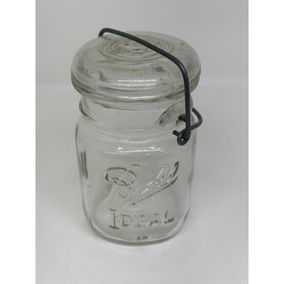 ANTIQUE BALL IDEAL GLASS 12 FL Oz MASON JAR w/Glass Lid Wire Bail - Picture 2 of 5